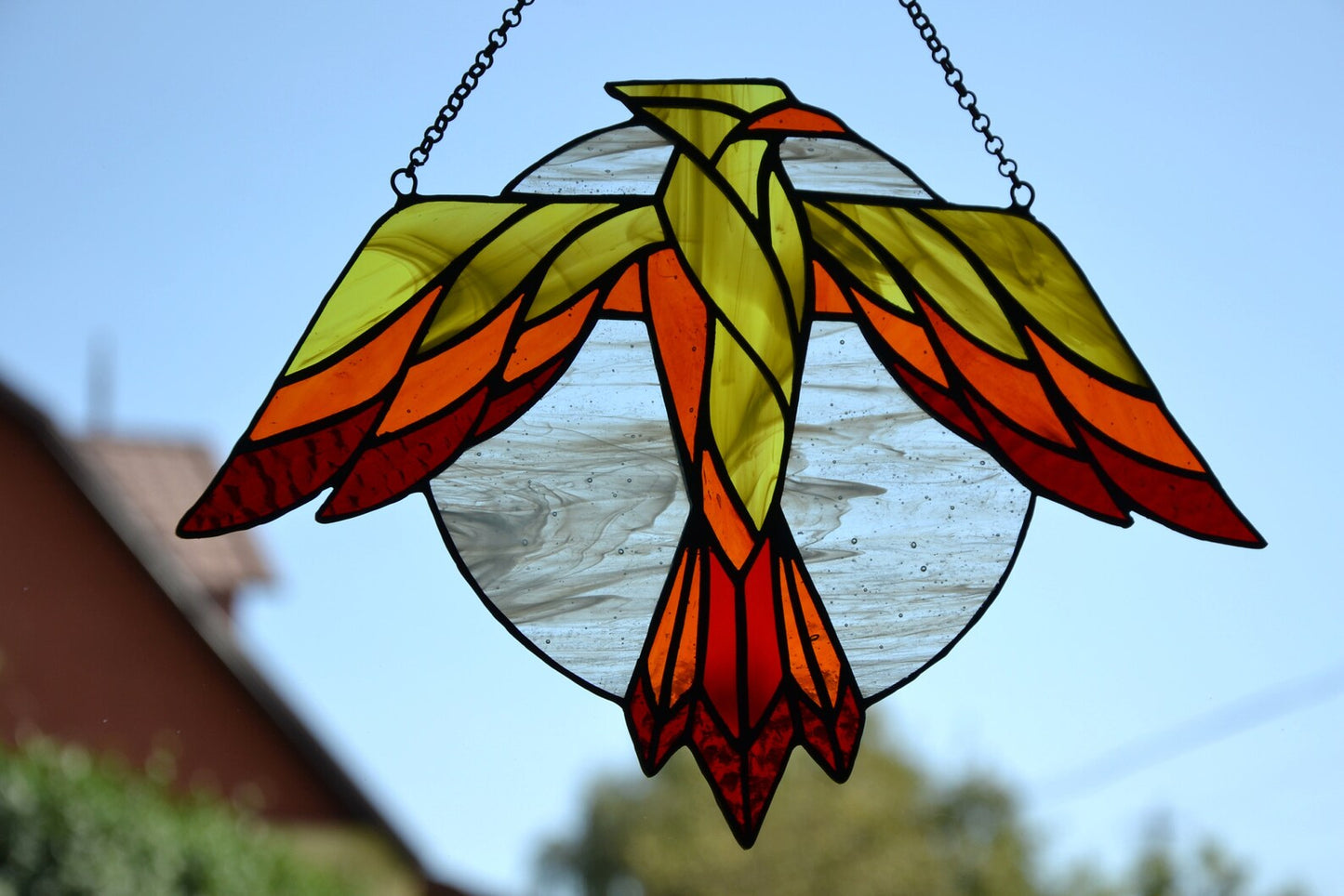 Stained glass suncatcher Thunderbird Glass bird Stain glass window hanging Wall art Stain glass pendant Friendly gift Stainhed glass panel