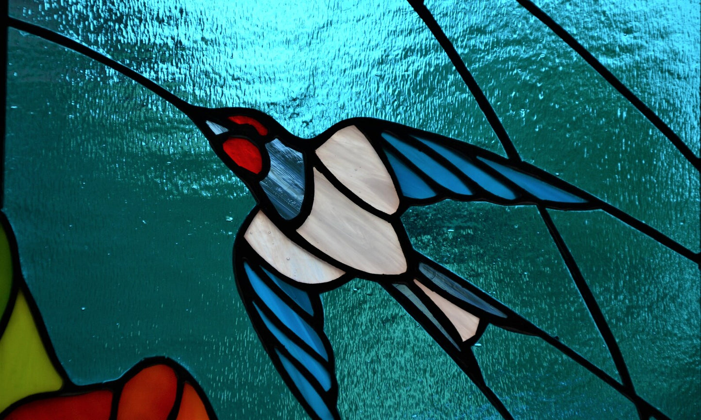 Spring stained glass panel Glass birds Glass flowers Tulips and swallows Window hanging panel Mother's day gift