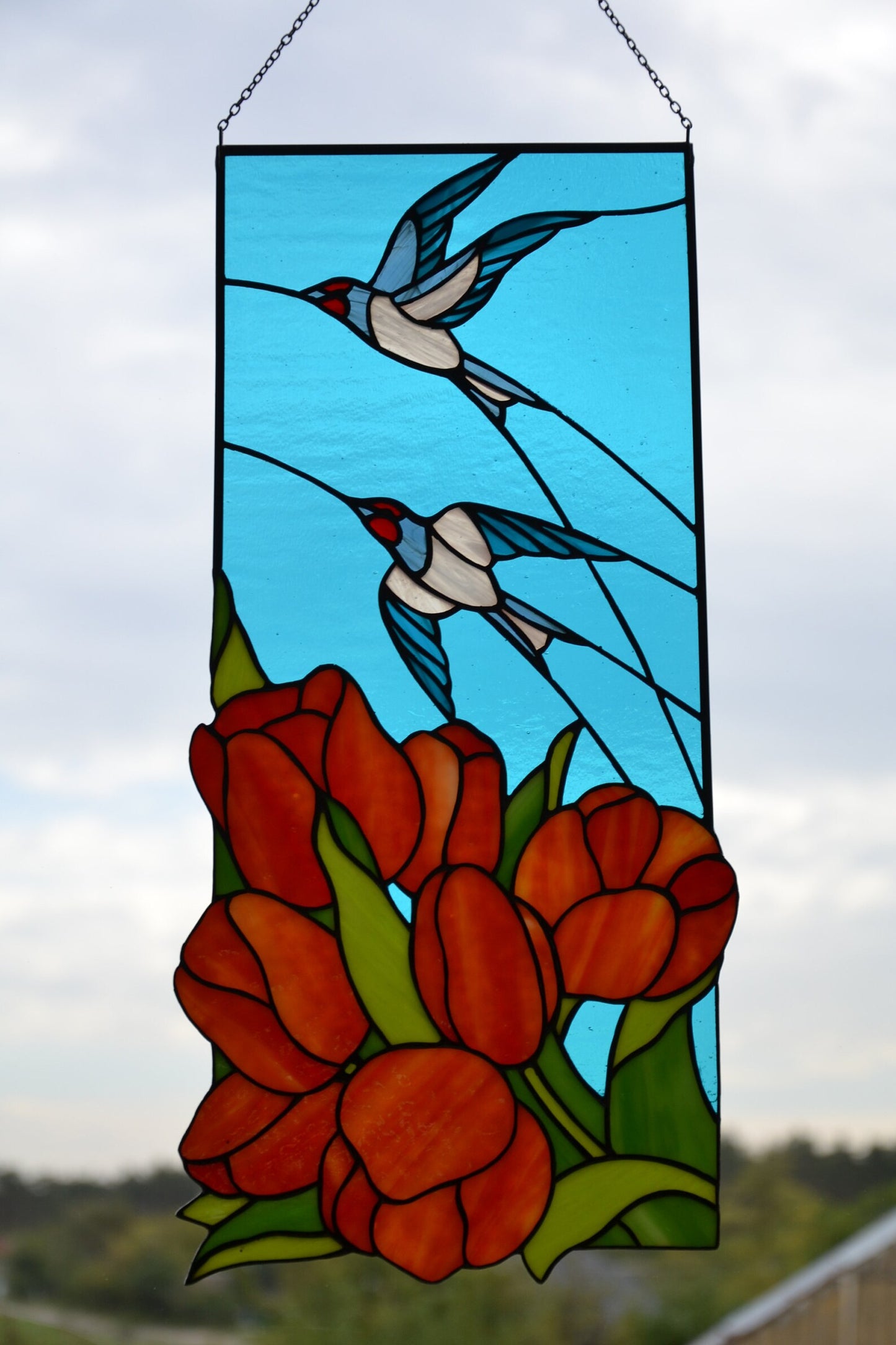 Spring stained glass panel Glass birds Glass flowers Tulips and swallows Window hanging panel Mother's day gift
