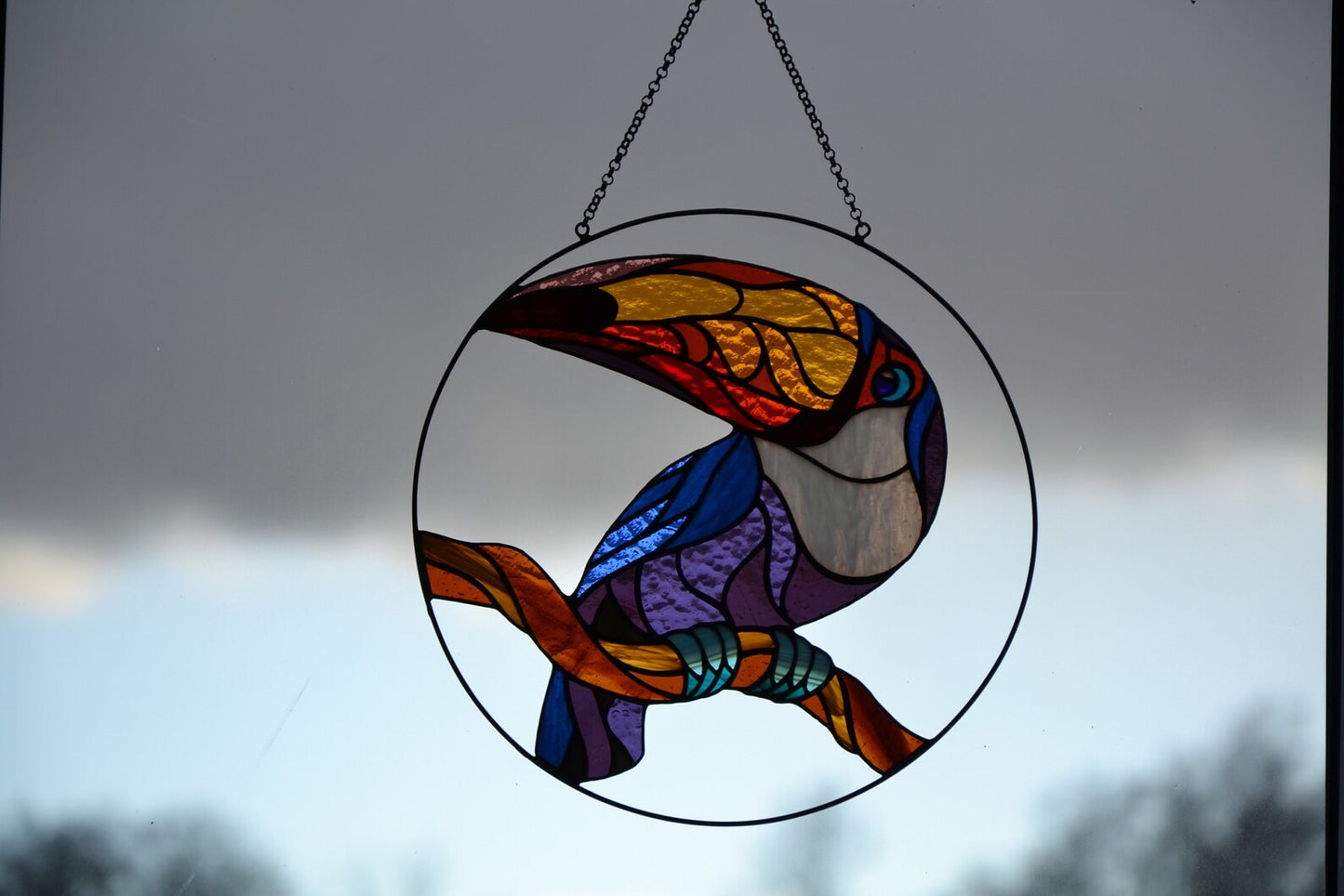 Stained glass bird Toucan Window hanging bird Glass art Gift idea Stain glass bird Ring suncatcher Wall hanging bird Wall decor