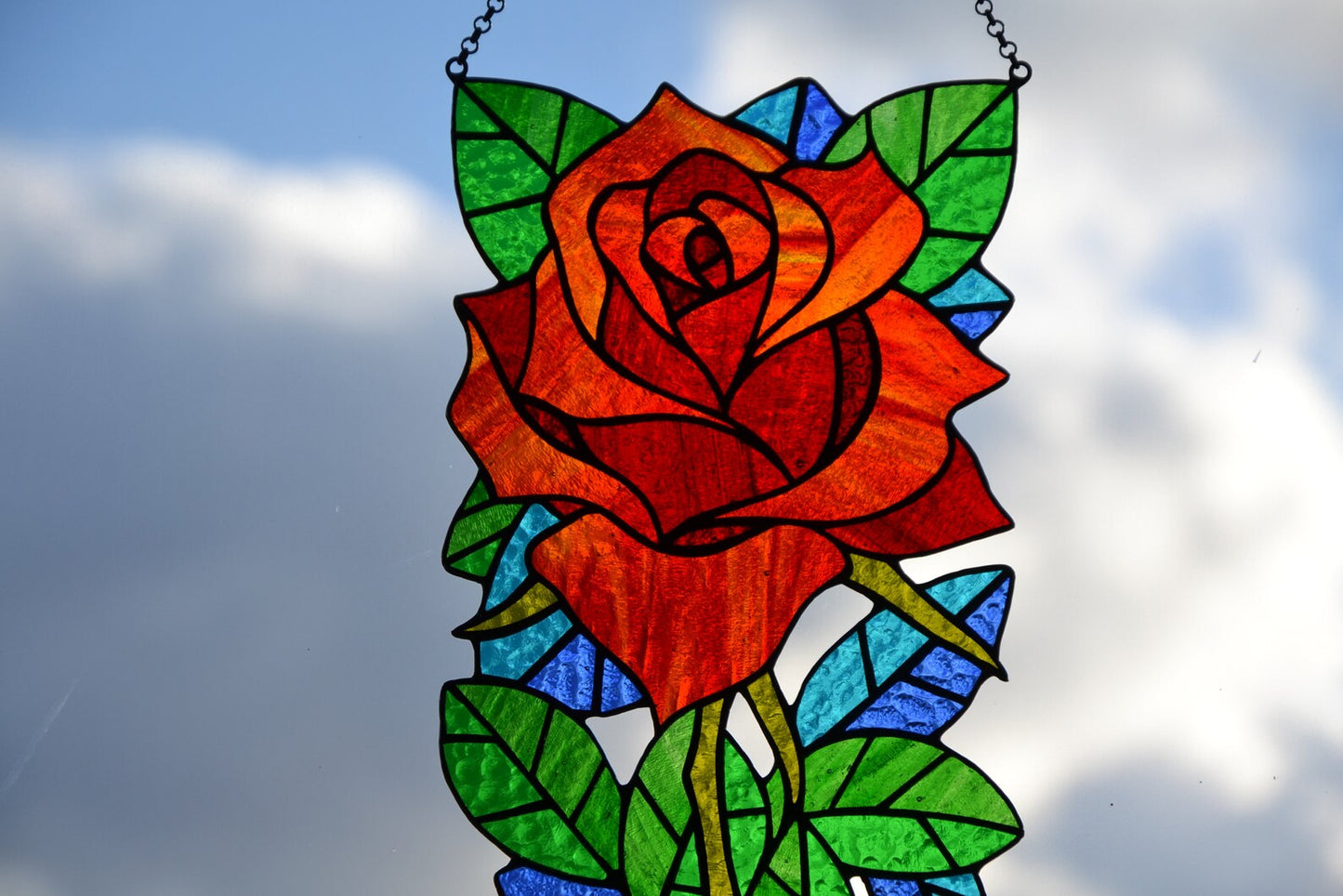 Suncatcher Stained glass rose Wall decor Stain glass panel Window hanging suncatcher Red rose Birthday gift Glass flower Garden decor