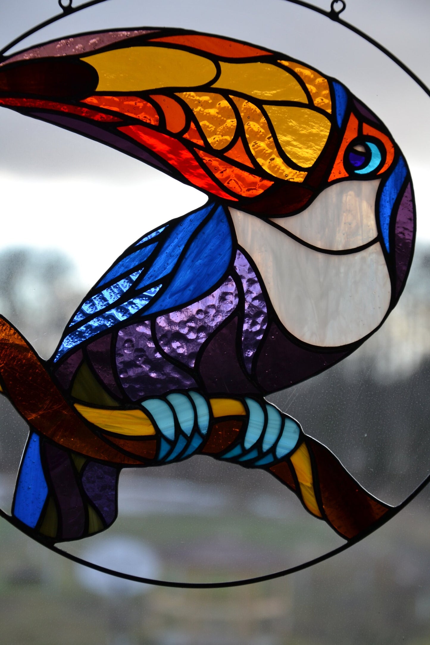 Stained glass bird Toucan Window hanging bird Glass art Gift idea Stain glass bird Ring suncatcher Wall hanging bird Wall decor