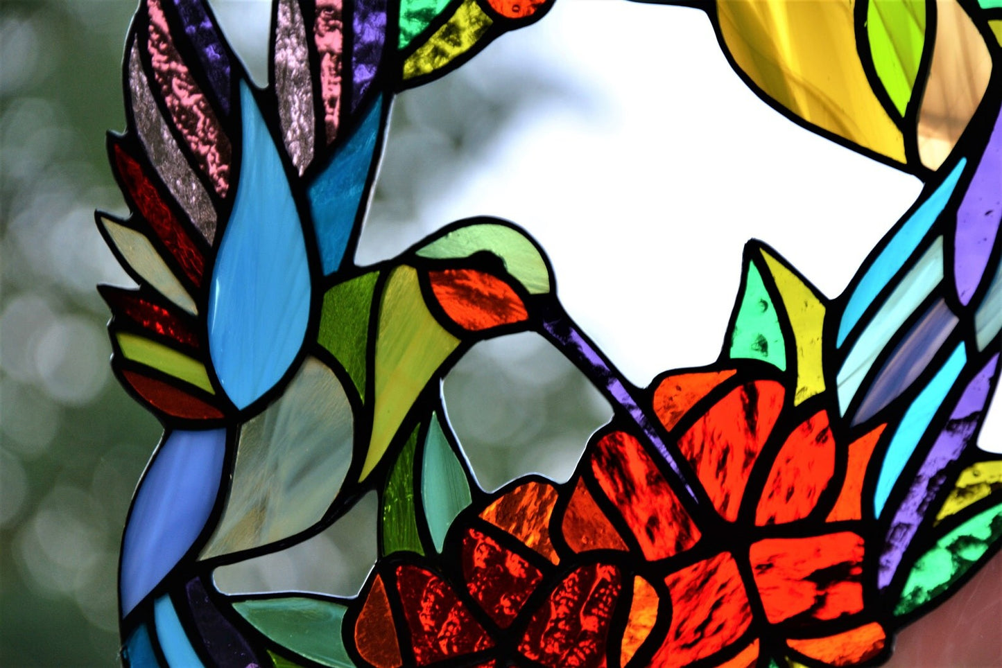 Stain glass suncatcher Hummingbirds and flowers wreath Stained glass window hanging Xmas gift Wall decor Living room decor Custom glass