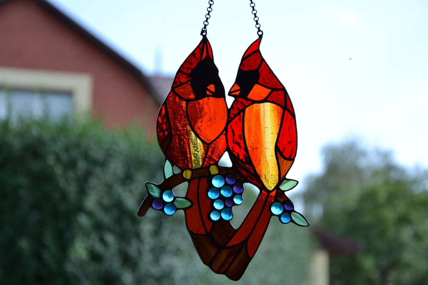 Suncatcher Stain glass hanging Сardinal Stained glass bird Wall decor Window hanging sun catcher Gift for mom Glass berries Fused glass