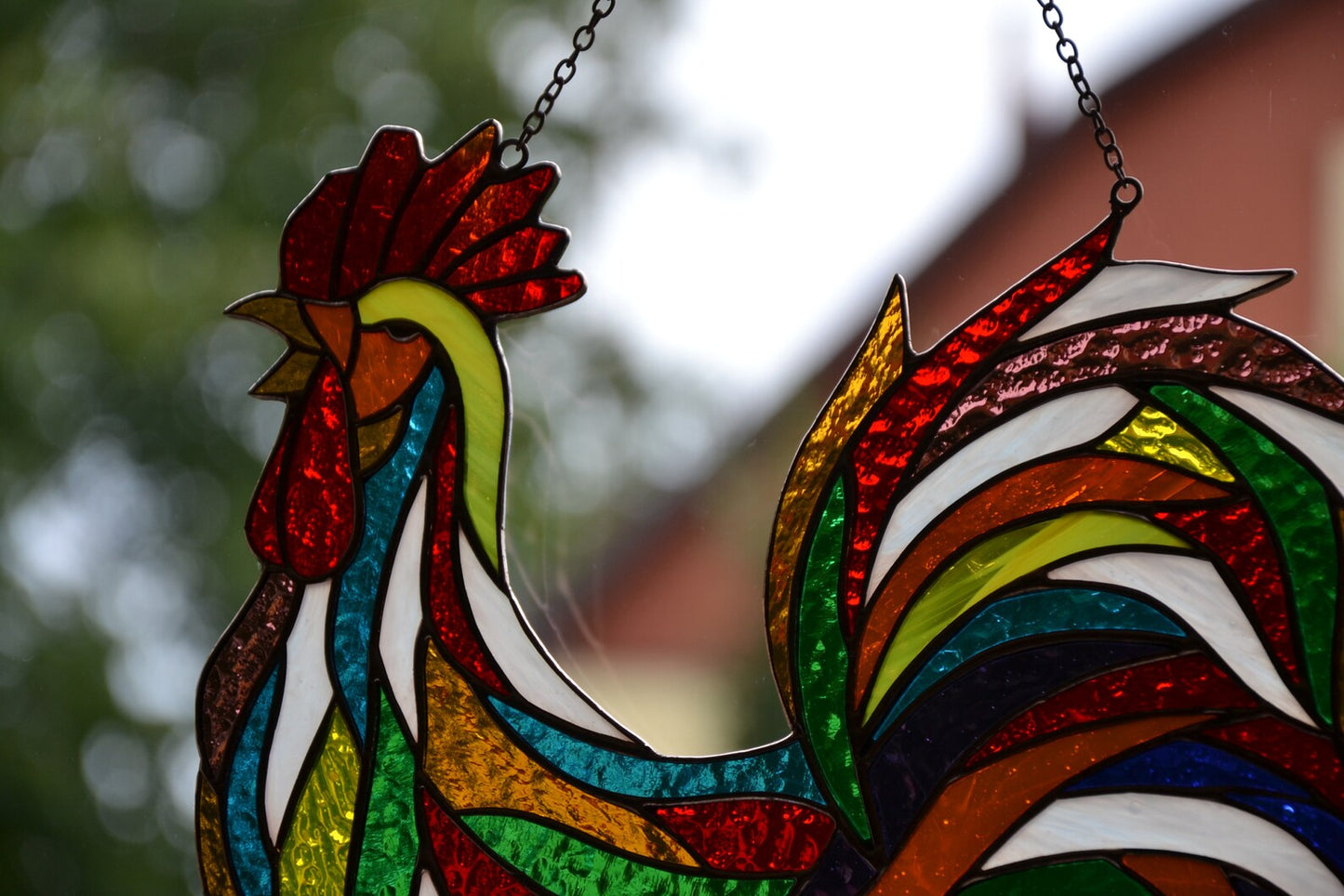 Stain glass suncatcher Rooster window hanging Stained glass bird Garden decor Glass chicken Wall decor Friendly gift