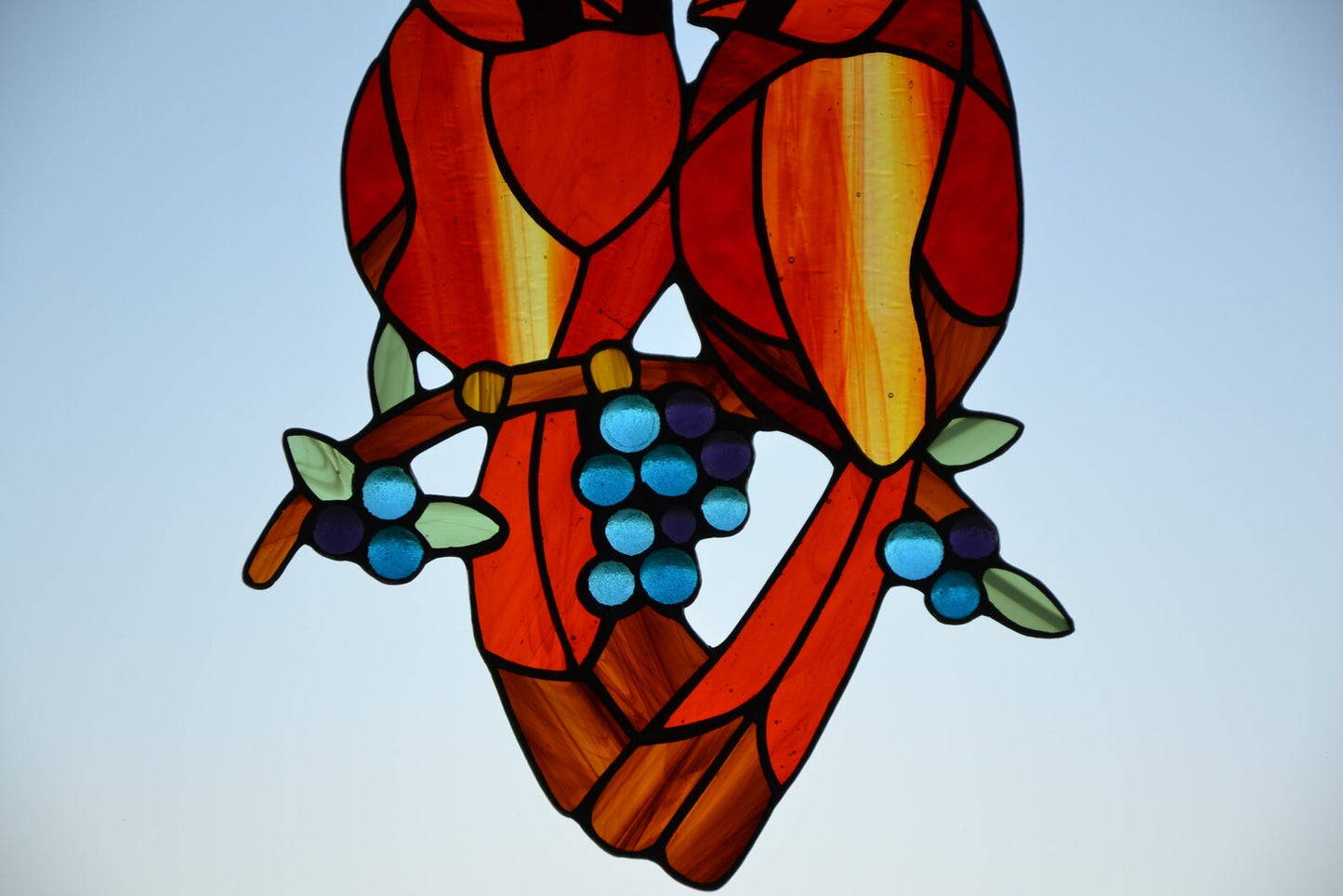 Suncatcher Stain glass hanging Сardinal Stained glass bird Wall decor Window hanging sun catcher Gift for mom Glass berries Fused glass