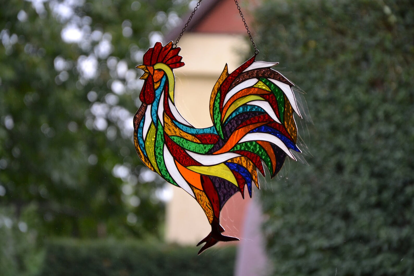 Stain glass suncatcher Rooster window hanging Stained glass bird Garden decor Glass chicken Wall decor Friendly gift