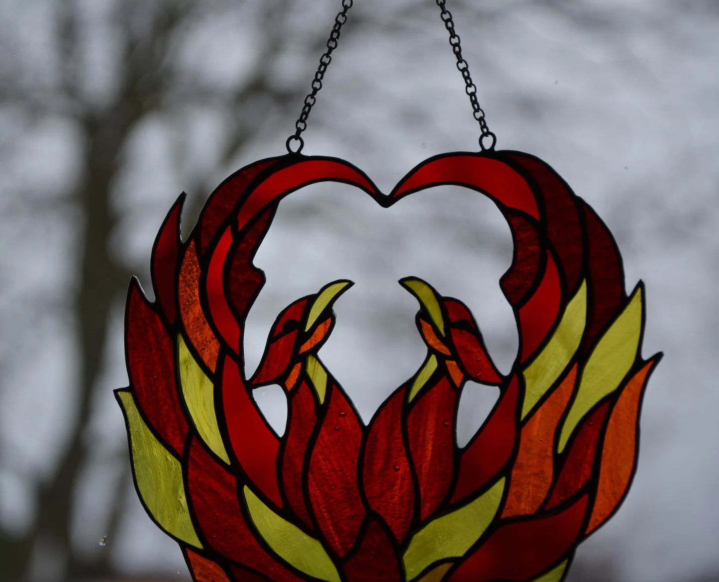 Phoenix suncatcher Stained glass window hanging Gift for Twins Love gift Glass art Flame firebird Mother's day gift