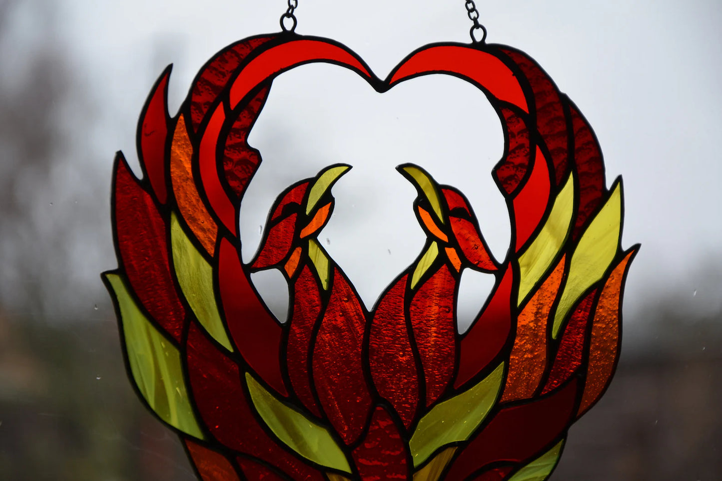 Phoenix suncatcher Stained glass window hanging Gift for Twins Love gift Glass art Flame firebird Mother's day gift