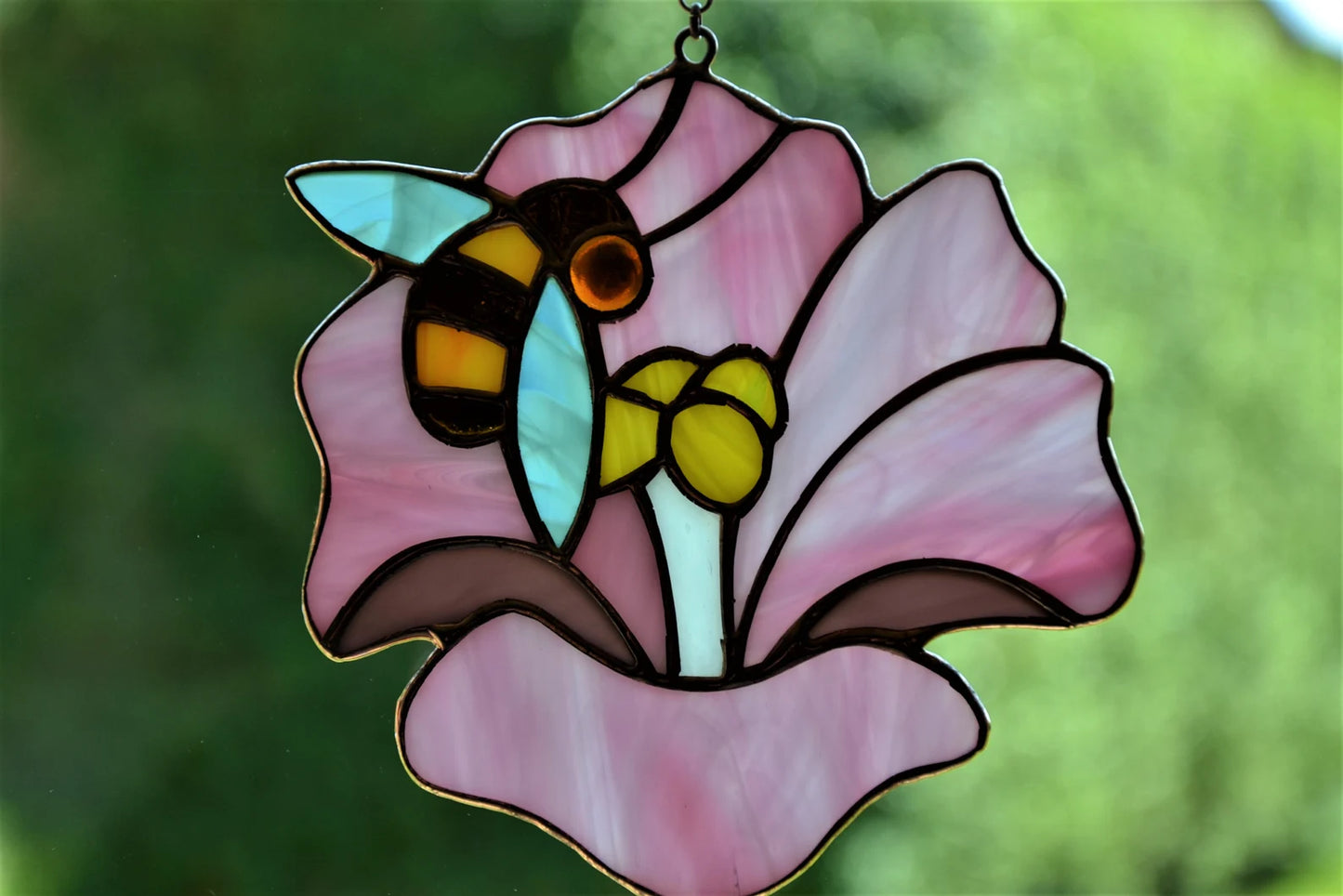 Bee and flower stained glass suncatcher Window hanging sun catcher Pink Hibiscus Christmas gift