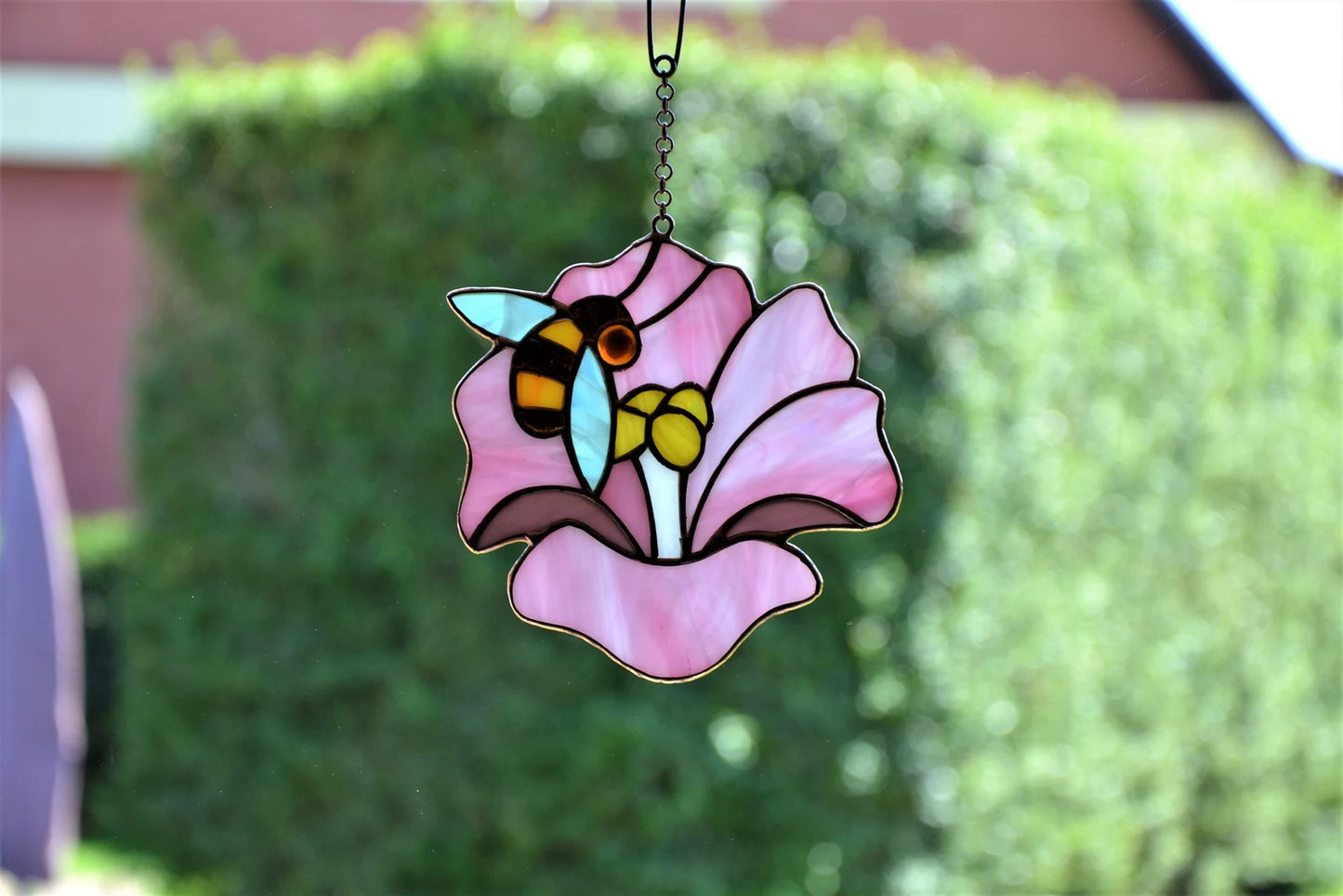 Bee and flower stained glass suncatcher Window hanging sun catcher Pink Hibiscus Christmas gift