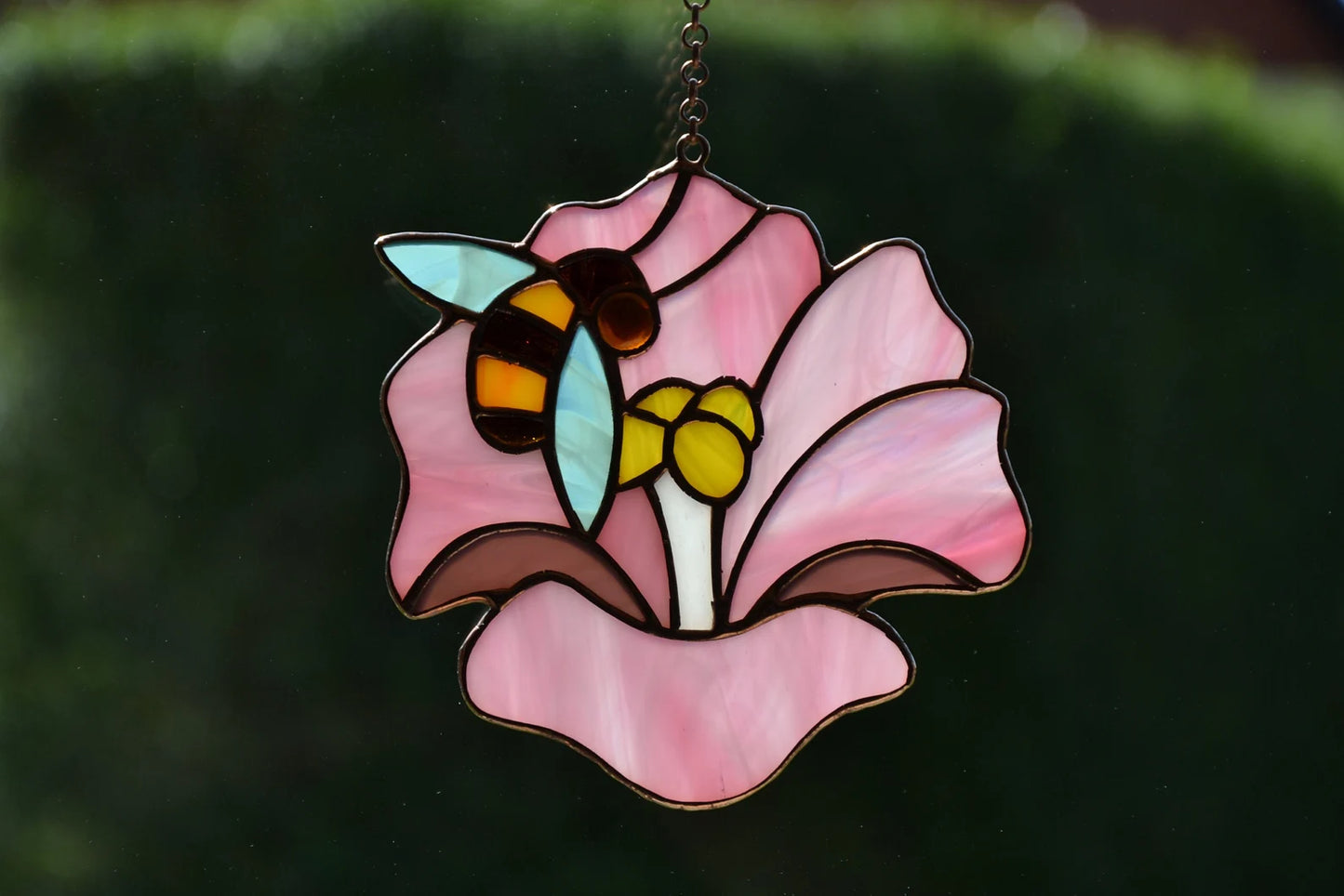 Bee and flower stained glass suncatcher Window hanging sun catcher Pink Hibiscus Christmas gift