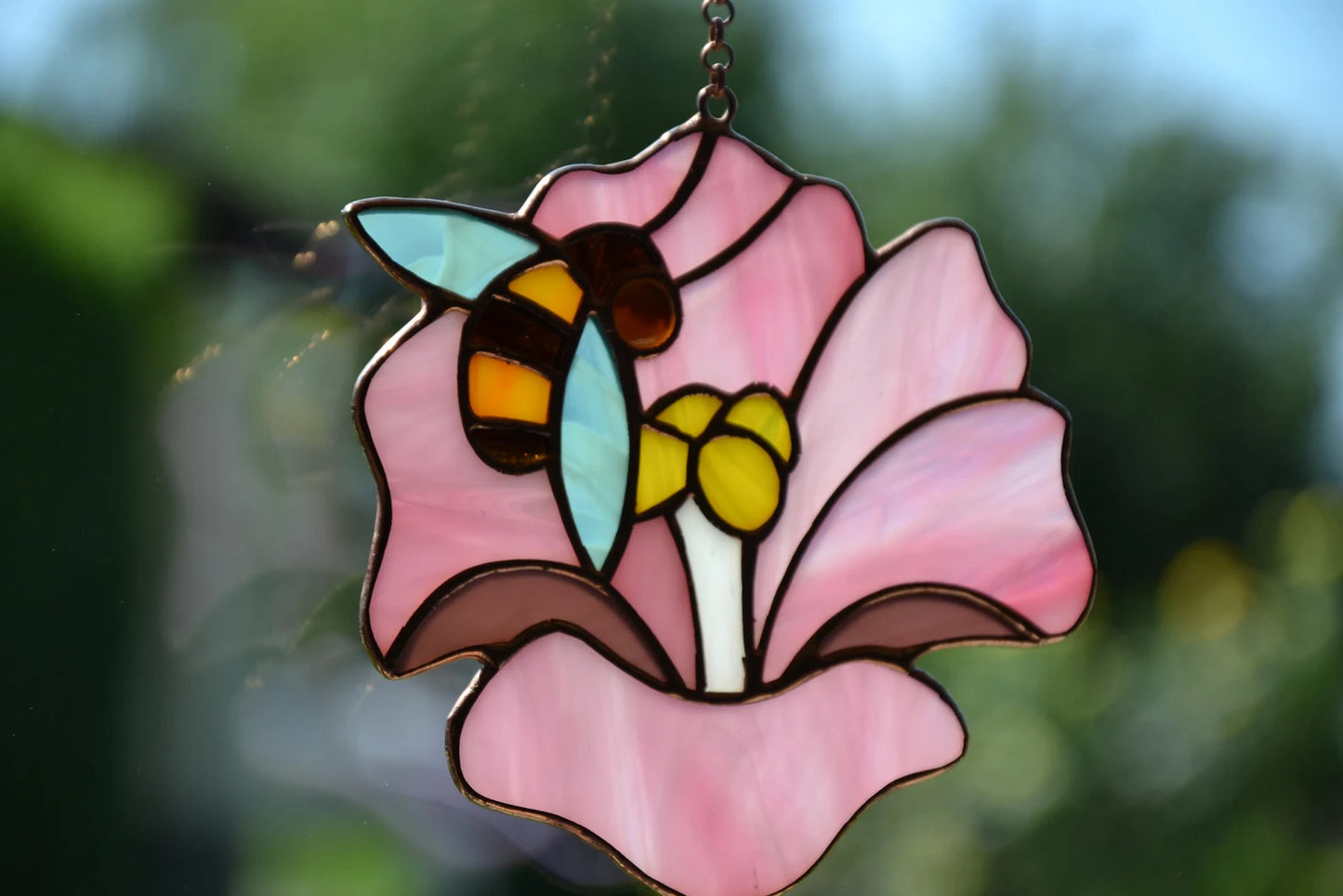 Bee and flower stained glass suncatcher Window hanging sun catcher Pink Hibiscus Christmas gift
