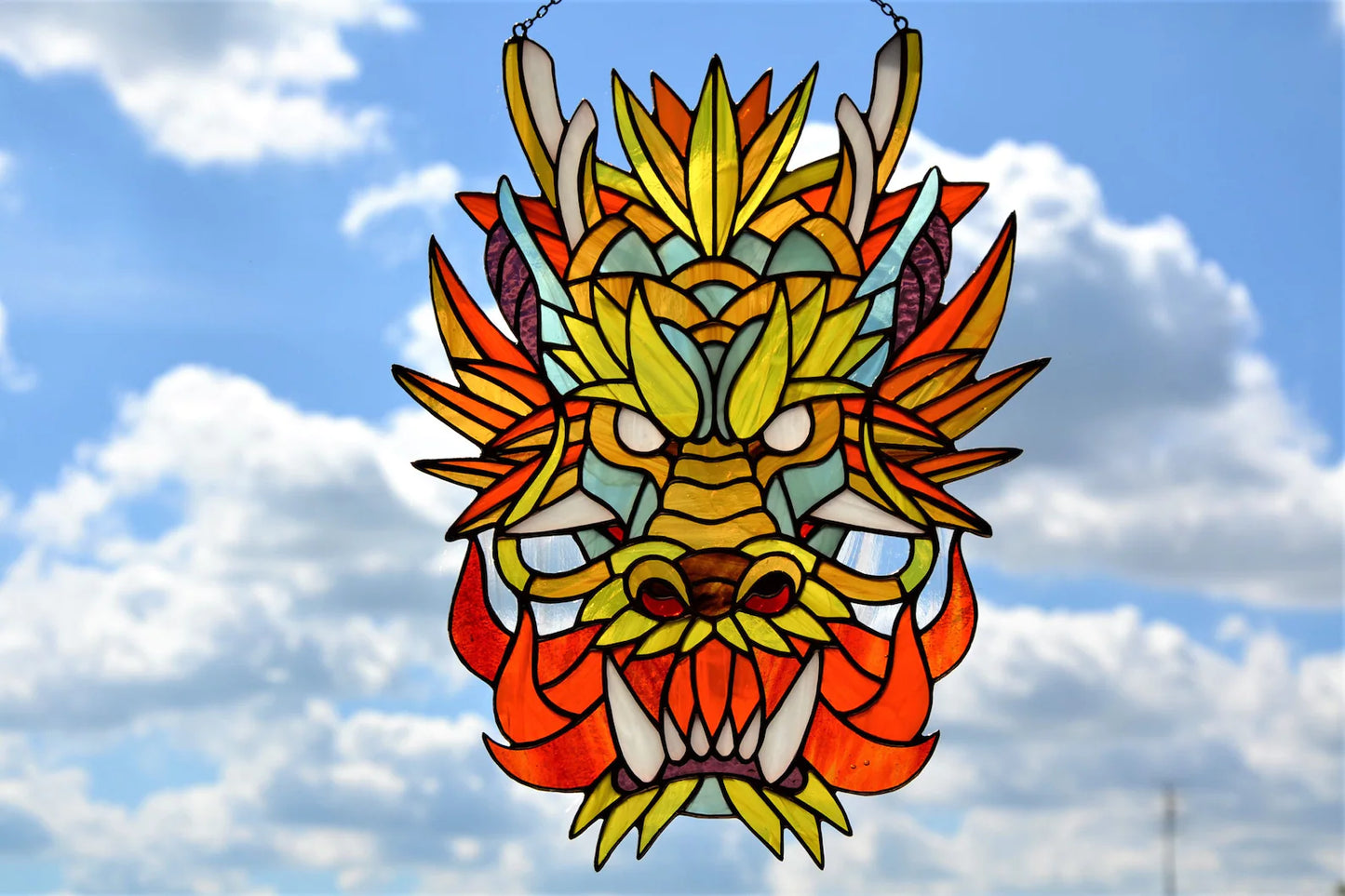 Stained glass panel Chinese dragon Window hanging suncatcher Glass art Living room decor Wall art Stain glass dragon Exquisite gift Garde