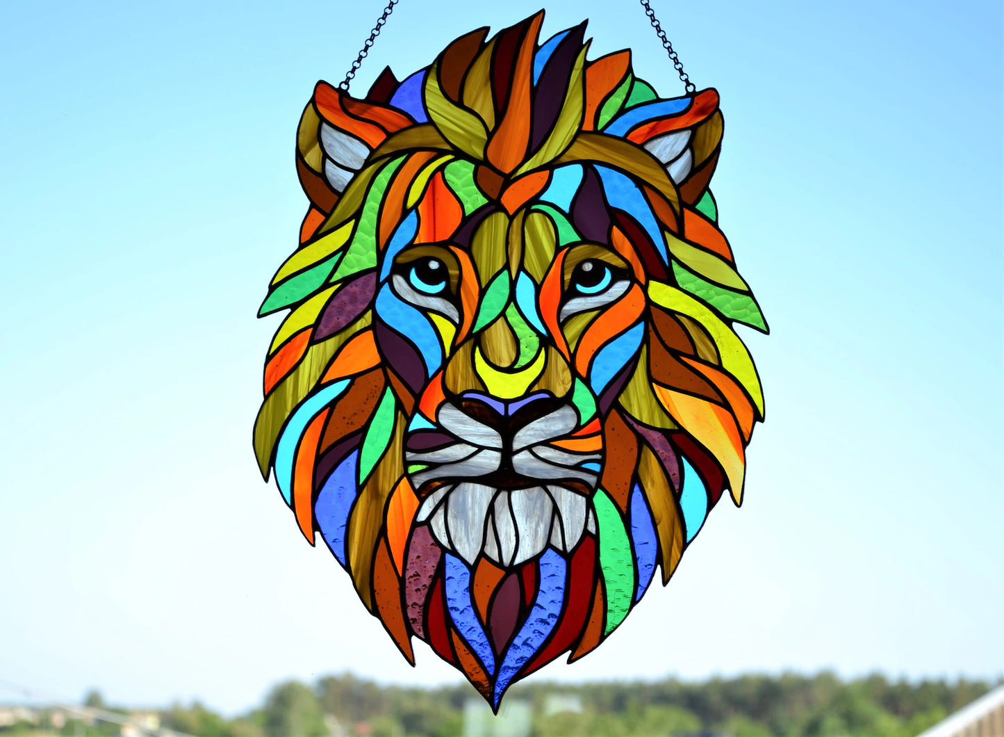 Stained glass Lion Window hanging suncatcher Christmas gift Living room decor Stain glass panel Wall decor Lion Sun catcher Lion face