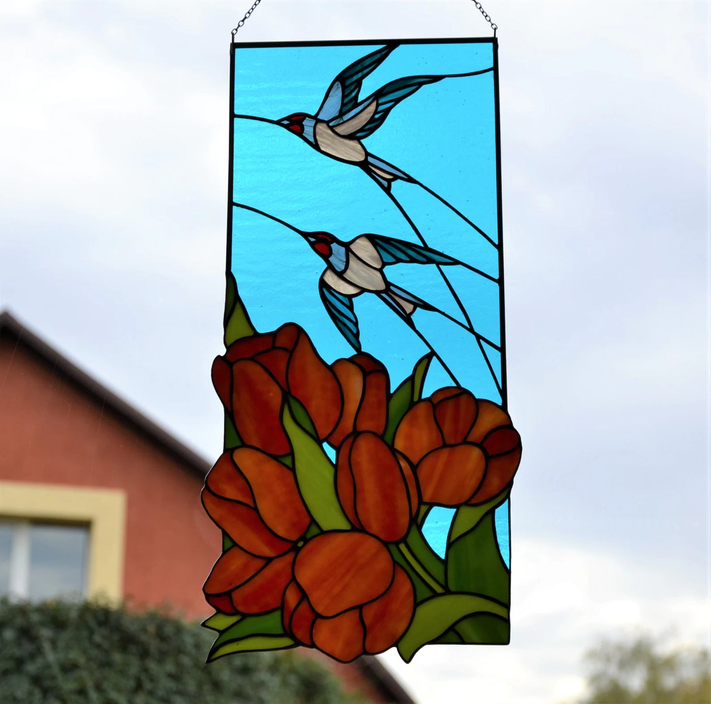 Spring stained glass panel Glass birds Glass flowers Tulips and swallows Window hanging panel Mother's day gift