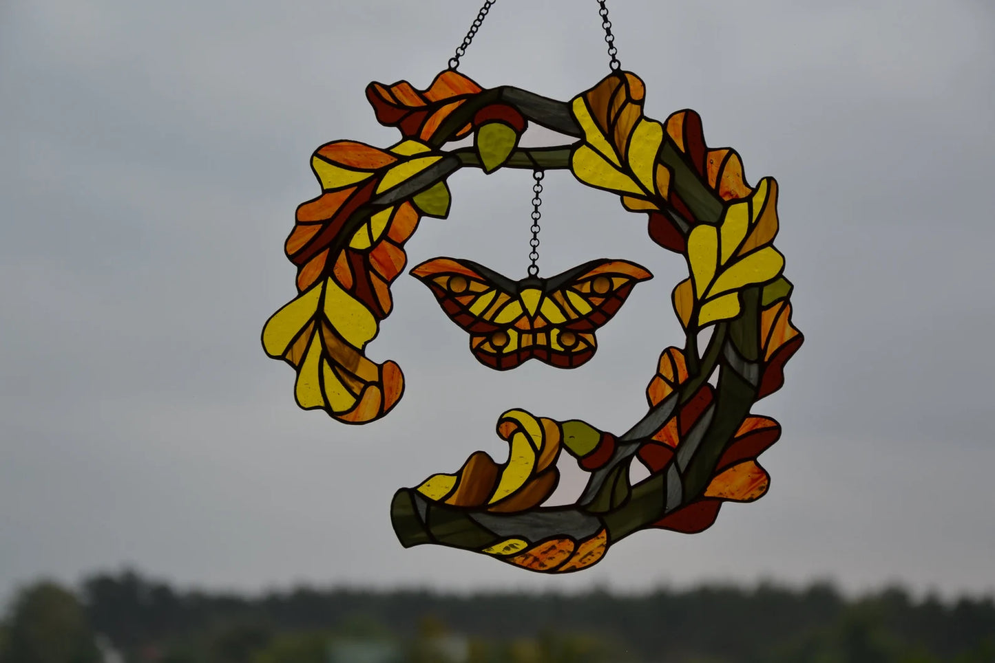 Stained glass window hanging Fall wreath Glass butterfly Living room decor Christmas gift Wall decor Stain glass pendant Garden glass art