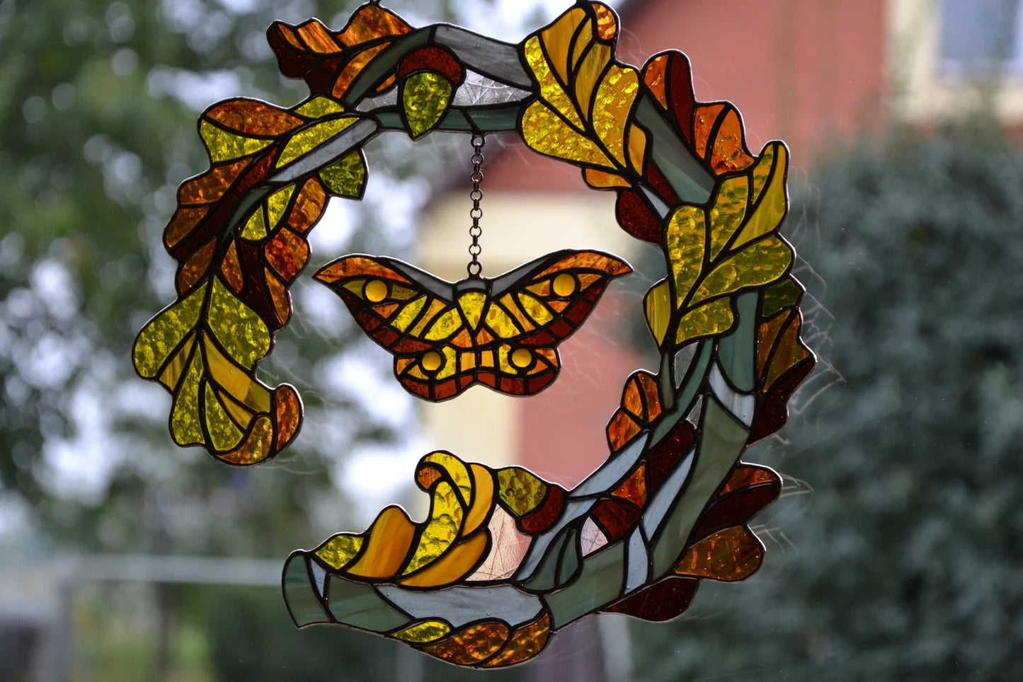 Stained glass window hanging Fall wreath Glass butterfly Living room decor Christmas gift Wall decor Stain glass pendant Garden glass art