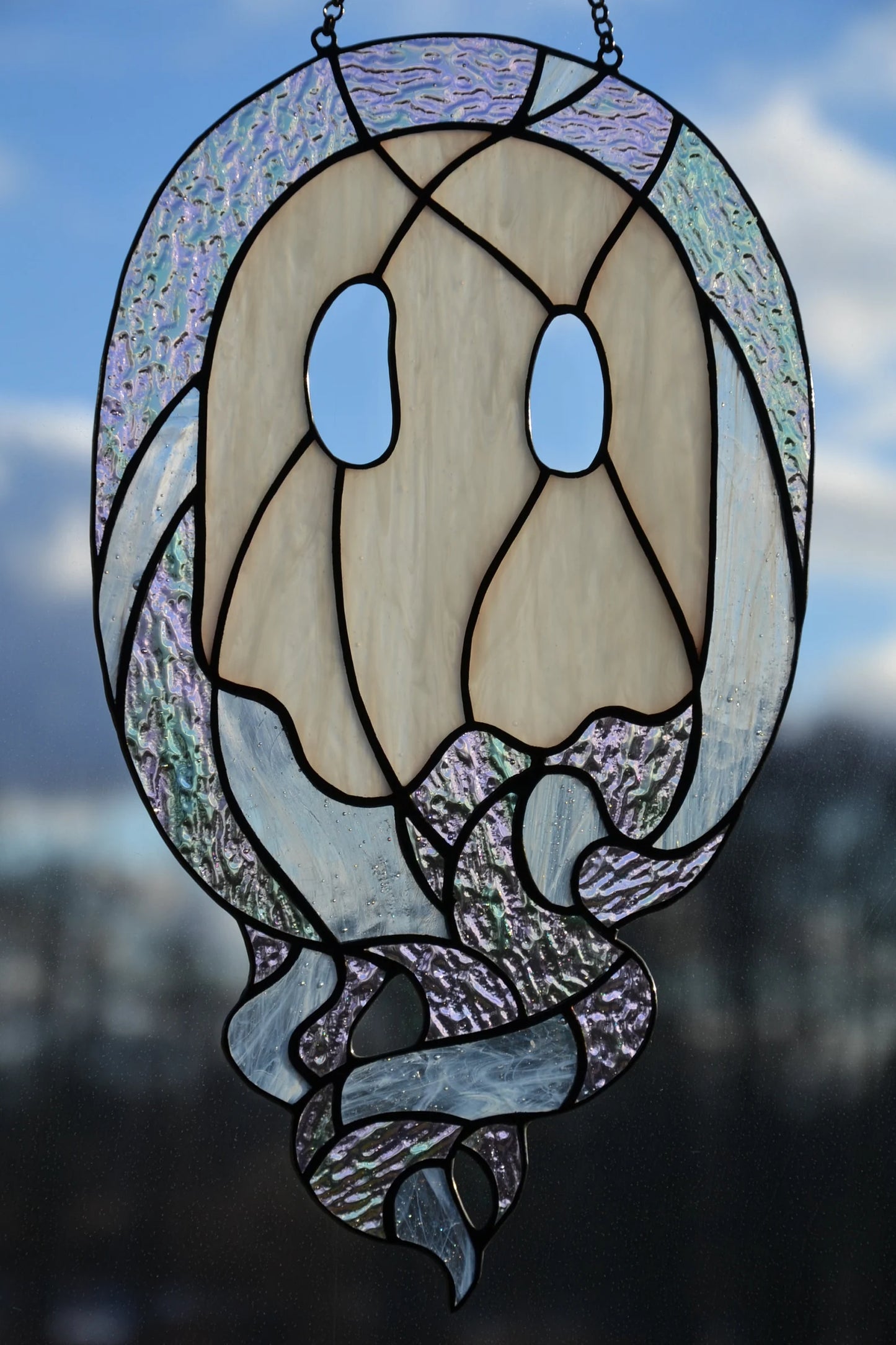 Stained glass suncatcher Ghost window hanging Stained glass decoration Fany gift Bedroom decor Garden hanging White glass Wall decor