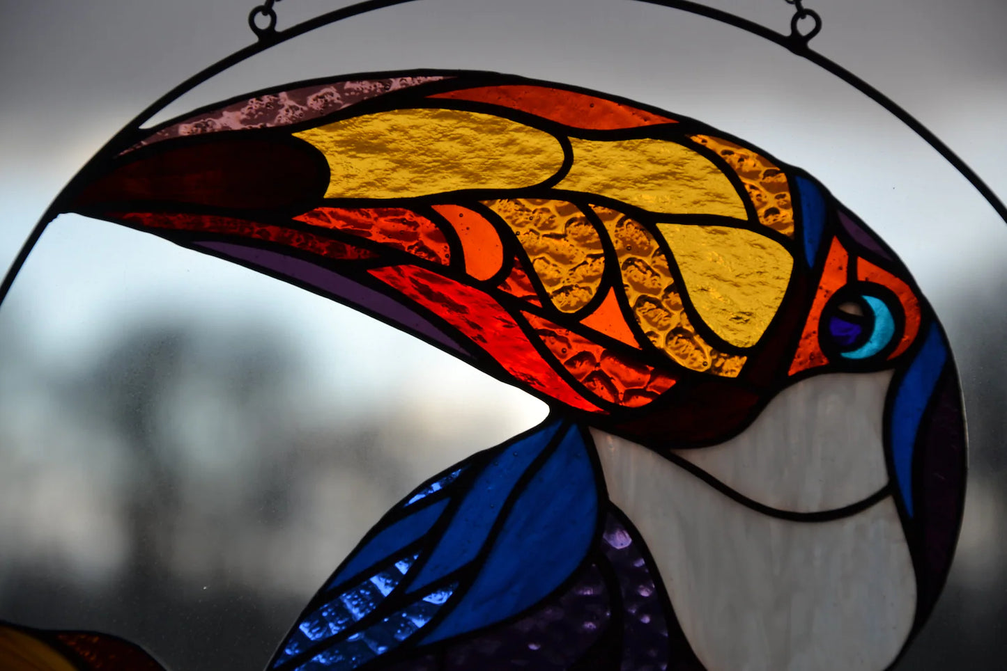 Stained glass bird Toucan Window hanging bird Glass art Gift idea Stain glass bird Ring suncatcher Wall hanging bird Wall decor
