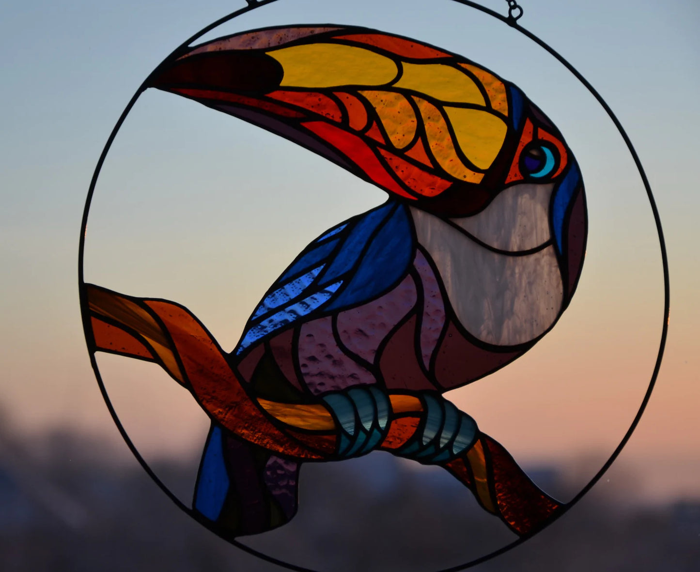 Stained glass bird Toucan Window hanging bird Glass art Gift idea Stain glass bird Ring suncatcher Wall hanging bird Wall decor