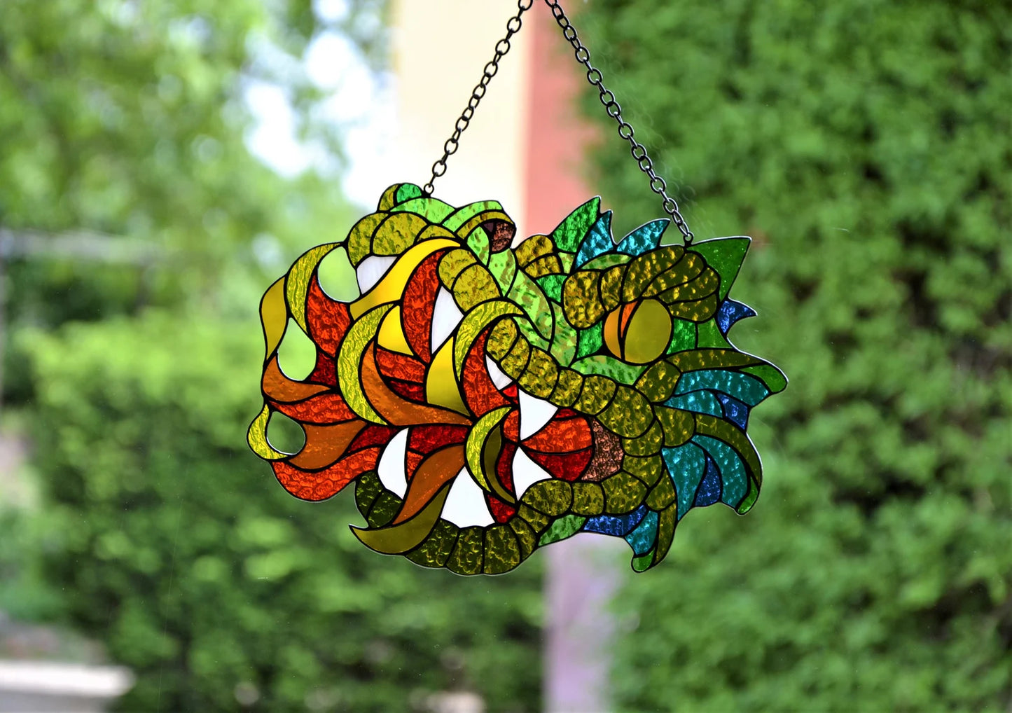 Stain glass suncatcher Dragon head Window hanging sun catcher Fantasy character Fire-breathing dragon Glass animsls Fairy tale Male gift