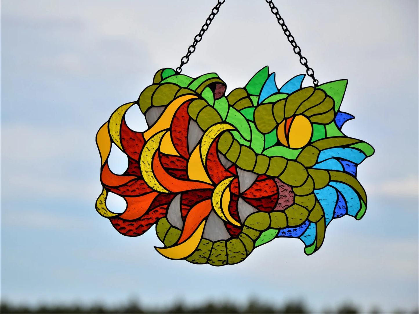 Stain glass suncatcher Dragon head Window hanging sun catcher Fantasy character Fire-breathing dragon Glass animsls Fairy tale Male gift