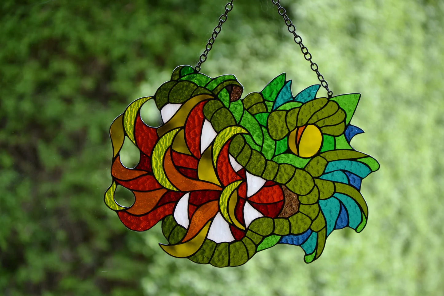 Stain glass suncatcher Dragon head Window hanging sun catcher Fantasy character Fire-breathing dragon Glass animsls Fairy tale Male gift