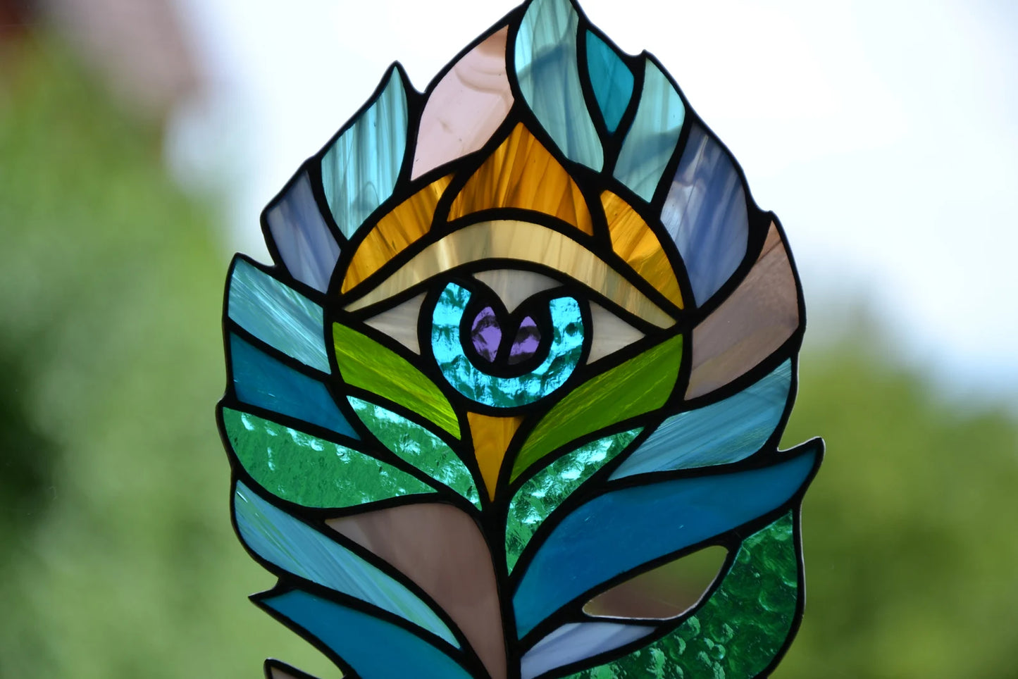 Stain glass suncatcher Peacock feather Window hanging decor Stained glass decor Glass bird Peacock eye Gardrning gift