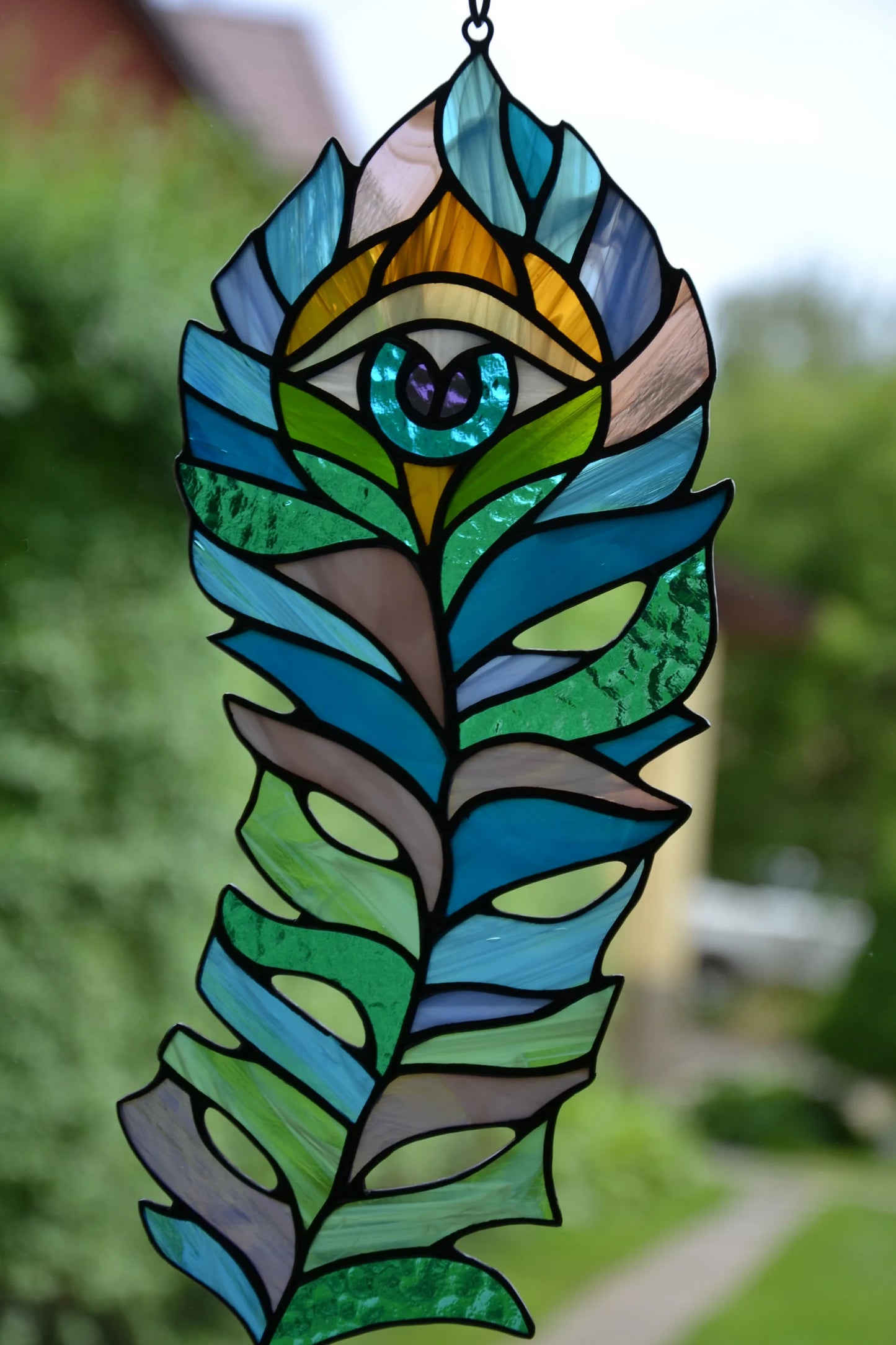 Stained Glass Peacock Feather Suncatcher – Handmade Evil Eye Window Hanging