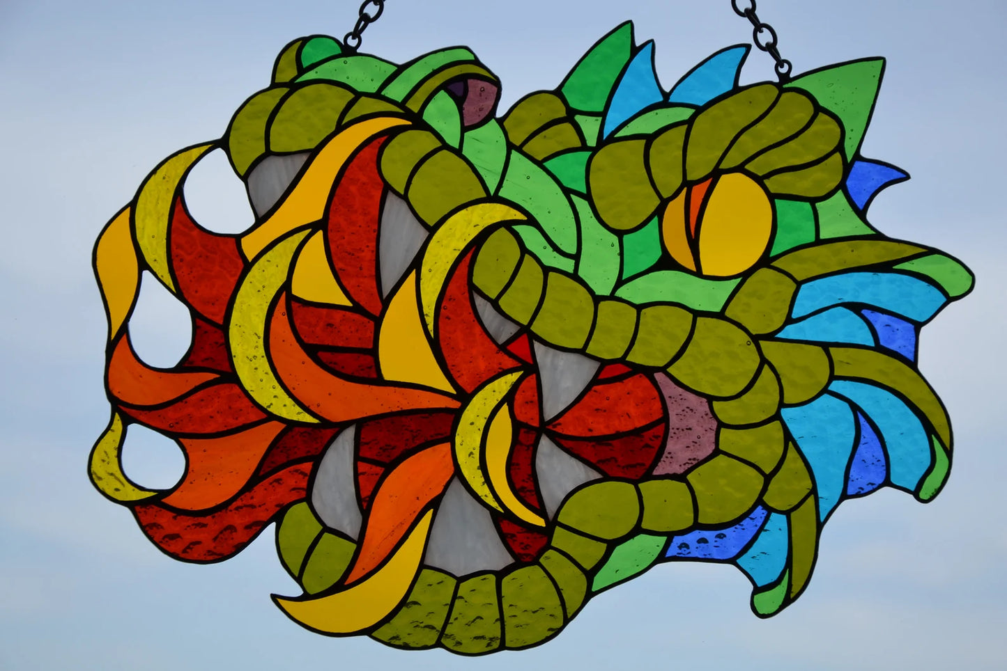 Stain glass suncatcher Dragon head Window hanging sun catcher Fantasy character Fire-breathing dragon Glass animsls Fairy tale Male gift