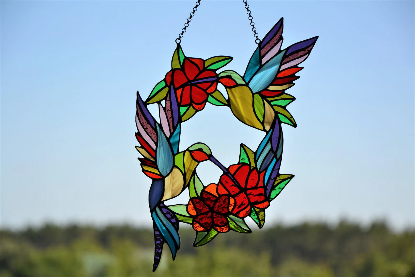 Stain glass suncatcher Hummingbirds and flowers wreath Stained glass window hanging Xmas gift Wall decor Living room decor Custom glass