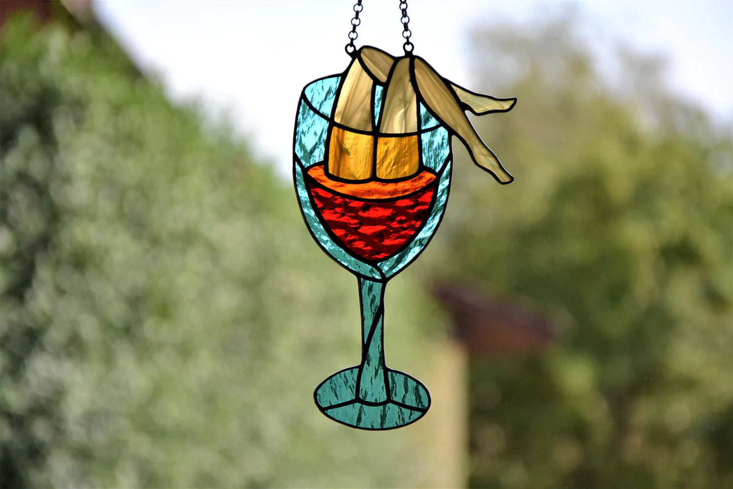 Suncatcher Stained glass window hanging Wine diving Stain glass art Wall decor Gift for her Wine glass Joke gift Handmade gift Xmas gift