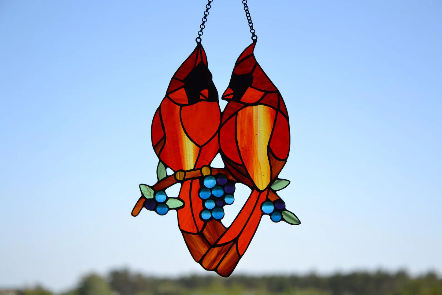 Suncatcher Stain glass hanging Сardinal Stained glass bird Wall decor Window hanging sun catcher Gift for mom Glass berries Fused glass