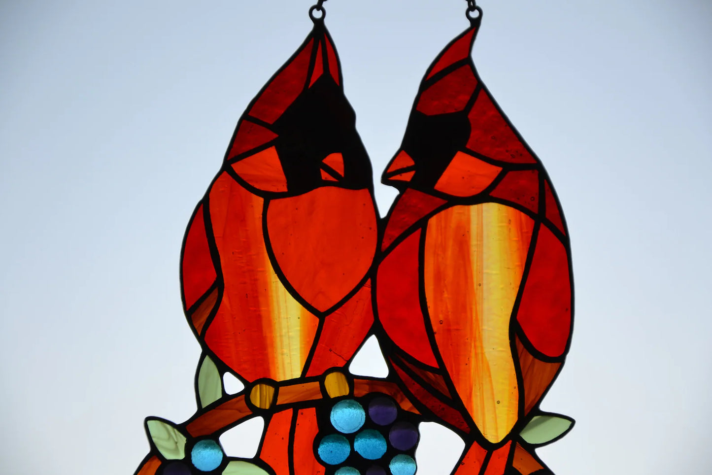 Suncatcher Stain glass hanging Сardinal Stained glass bird Wall decor Window hanging sun catcher Gift for mom Glass berries Fused glass