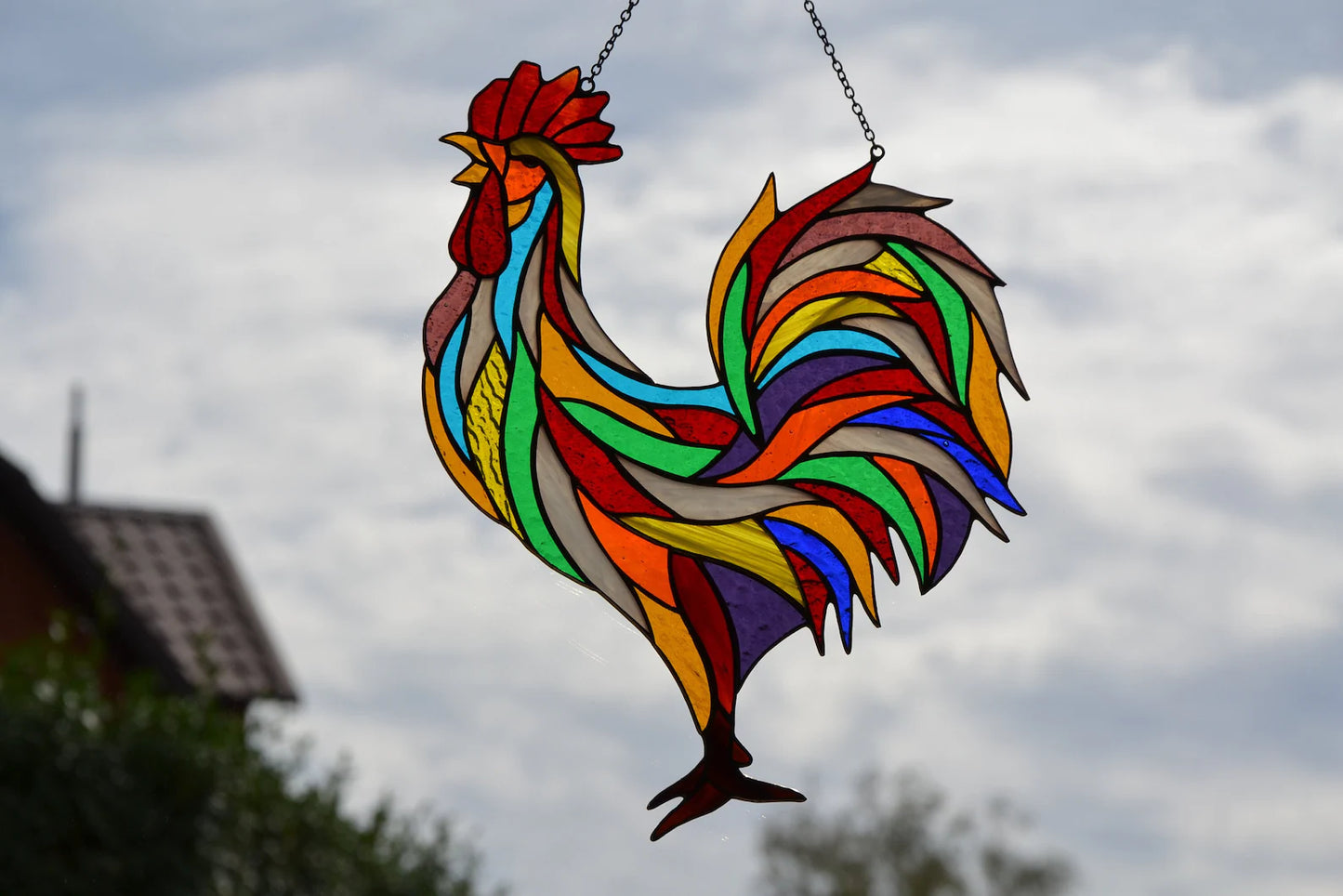 Stain glass suncatcher Rooster window hanging Stained glass bird Garden decor Glass chicken Wall decor Friendly gift