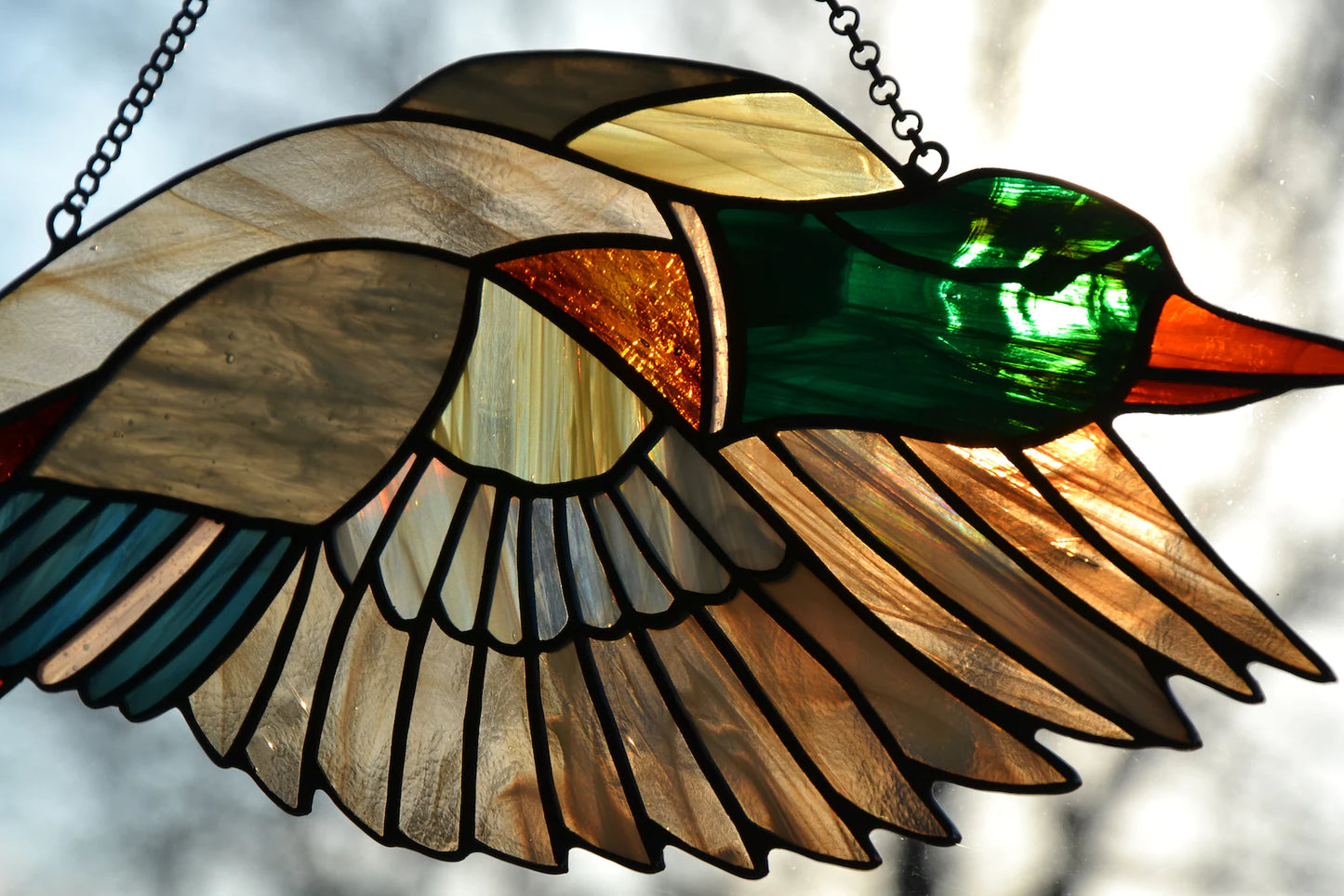Stained glass suncatcher Flying duck Window hanging sun catcher Glass bird Stain glass art Mother day gift Wall decor Beautiful bird Garden