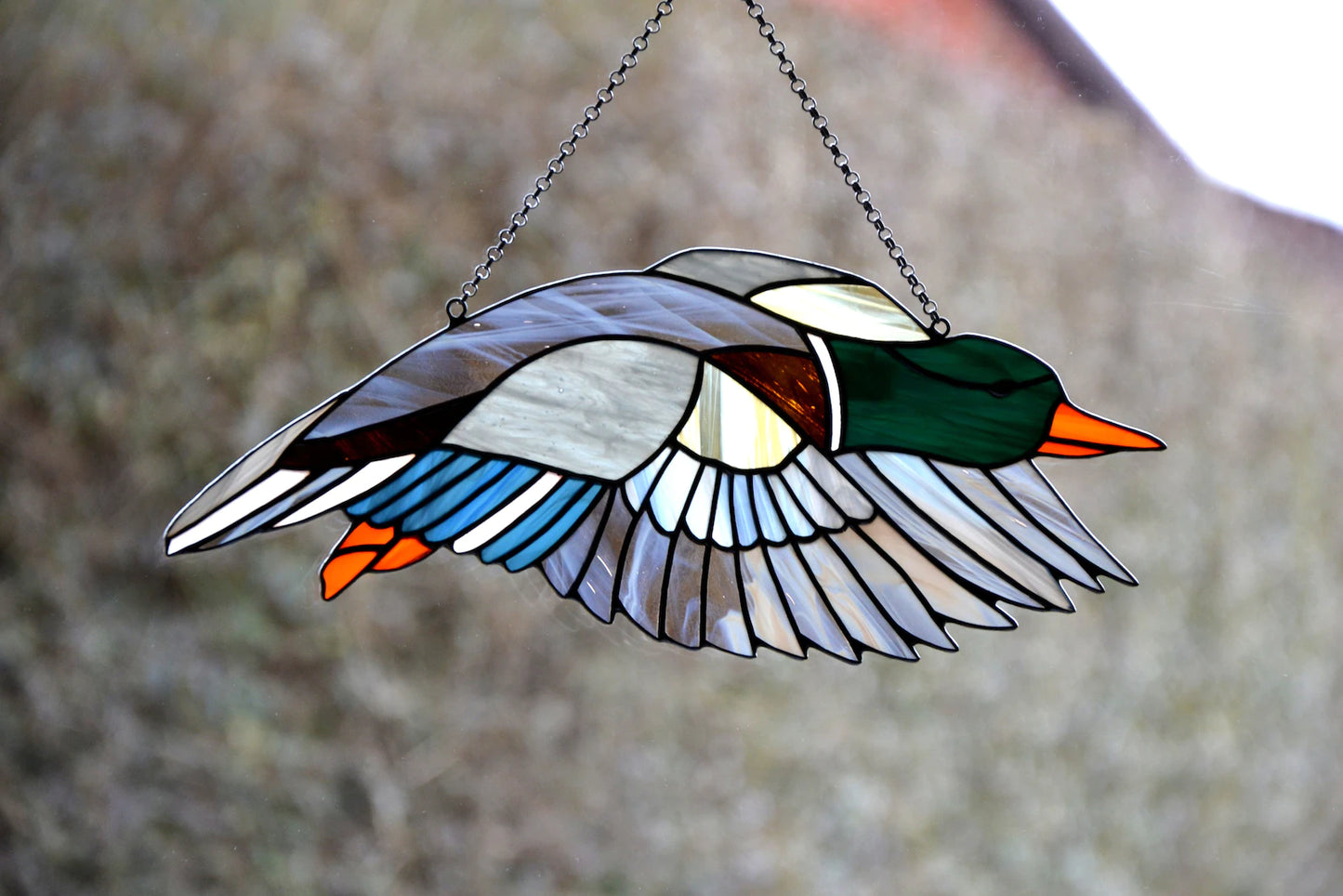 Stained glass suncatcher Flying duck Window hanging sun catcher Glass bird Stain glass art Mother day gift Wall decor Beautiful bird Garden