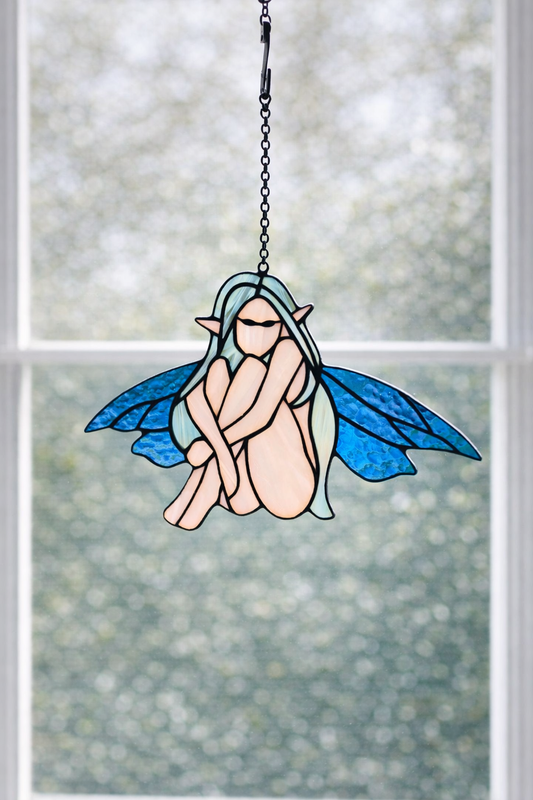 Stained Glass Fairy Suncatcher with Blue Wings | Handmade Window Decor