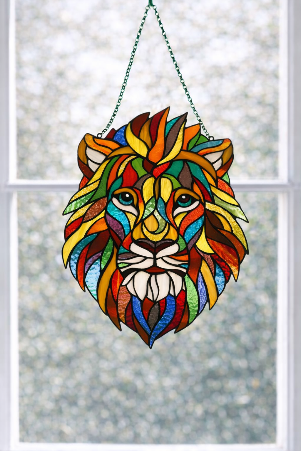 Stained Glass Lion Sun Catcher – Handmade Colorful Lion Window Art