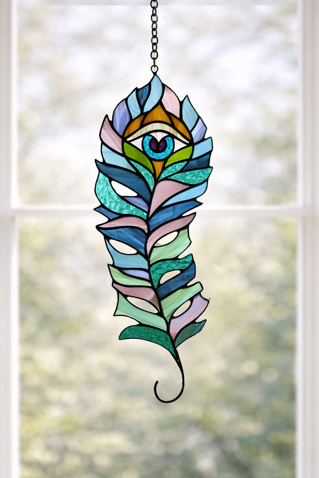Stained Glass Peacock Feather Suncatcher – Handmade Evil Eye Window Hanging