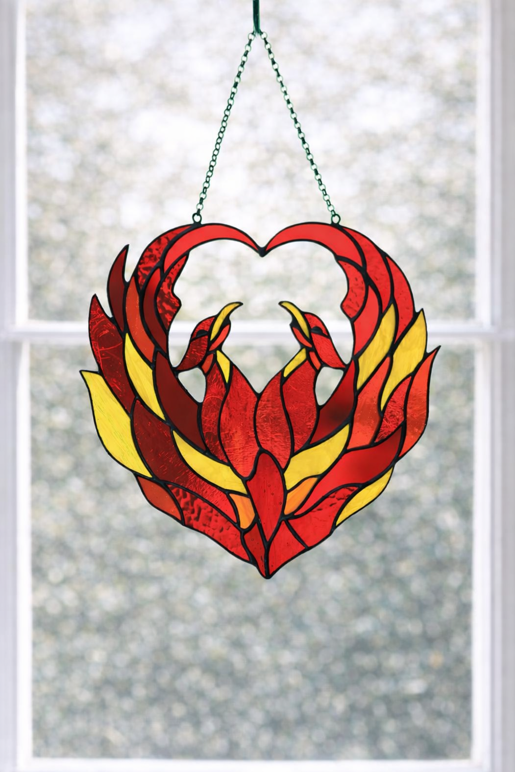 Stained Glass Flame Heart Suncatcher – Handmade Heart Window Hanging in Red and Yellow