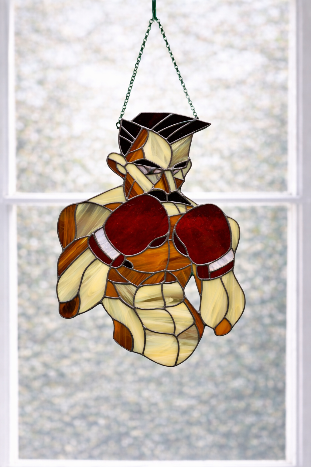 Stained Glass Boxer Sun Catcher – Handmade Boxing Art Window Hanging