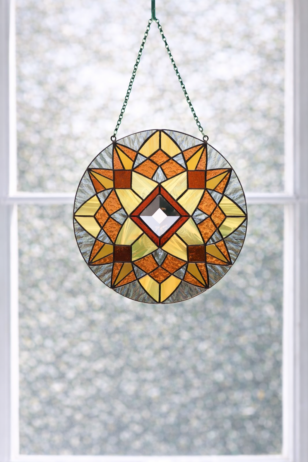 Stained Glass Mandala Suncatcher – Handmade Geometric Window Hanging in Warm Amber Tones