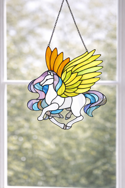 Stained glass sun catcher Pegasus Stained glass window hanging Christmas gift Wall decor Stain glass panel Glass horse Fairy tale character