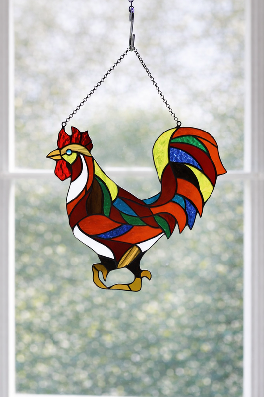 Stained Glass Rooster Suncatcher – Handmade Colorful Rooster Window Hanging
