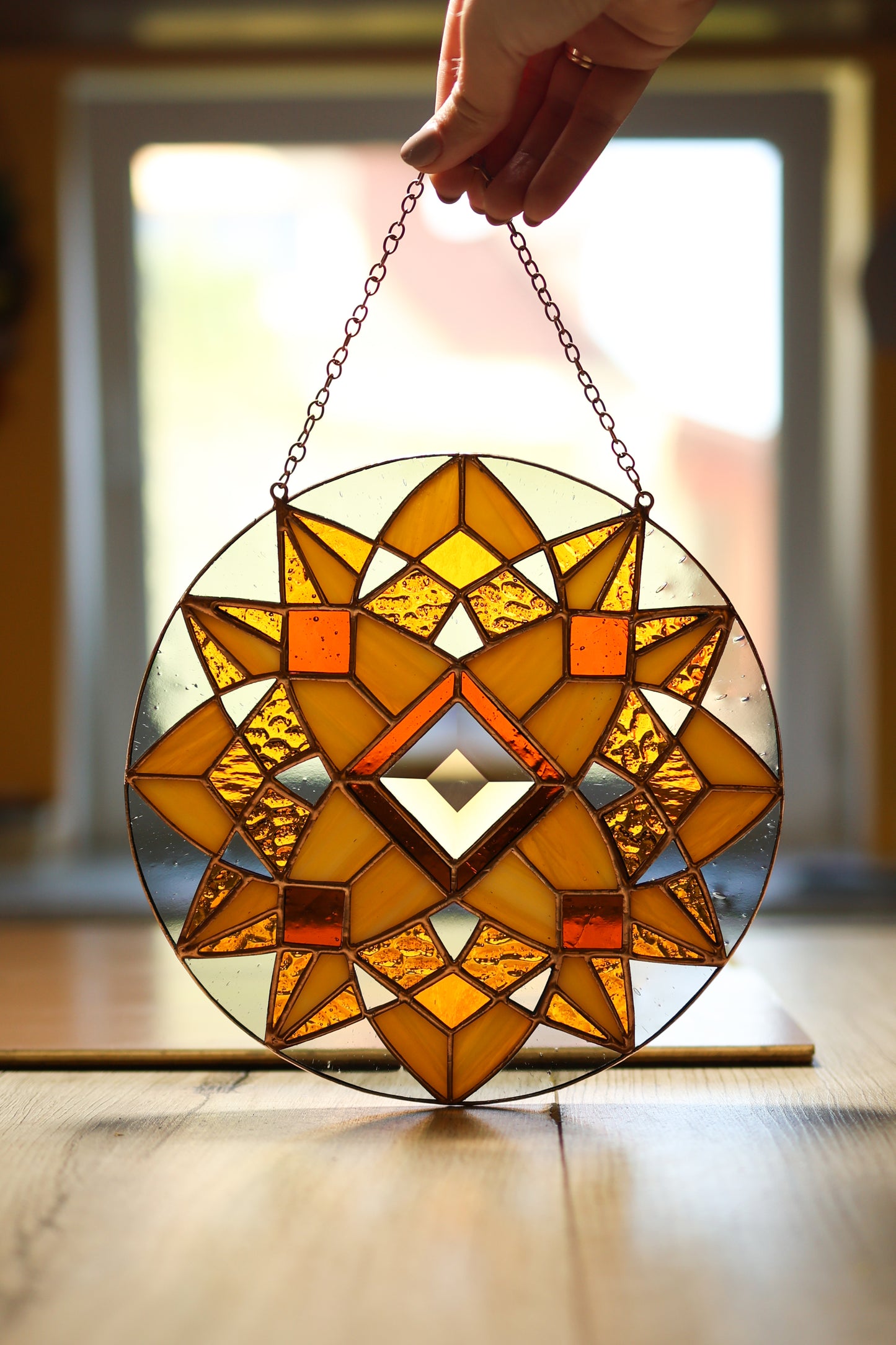 Stained Glass Mandala Suncatcher – Handmade Geometric Window Hanging in Warm Amber Tones