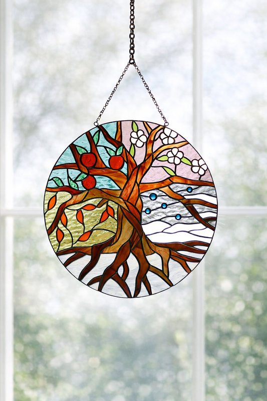 Stained Glass Tree of Life Suncatcher – Handmade Four Seasons Window Art