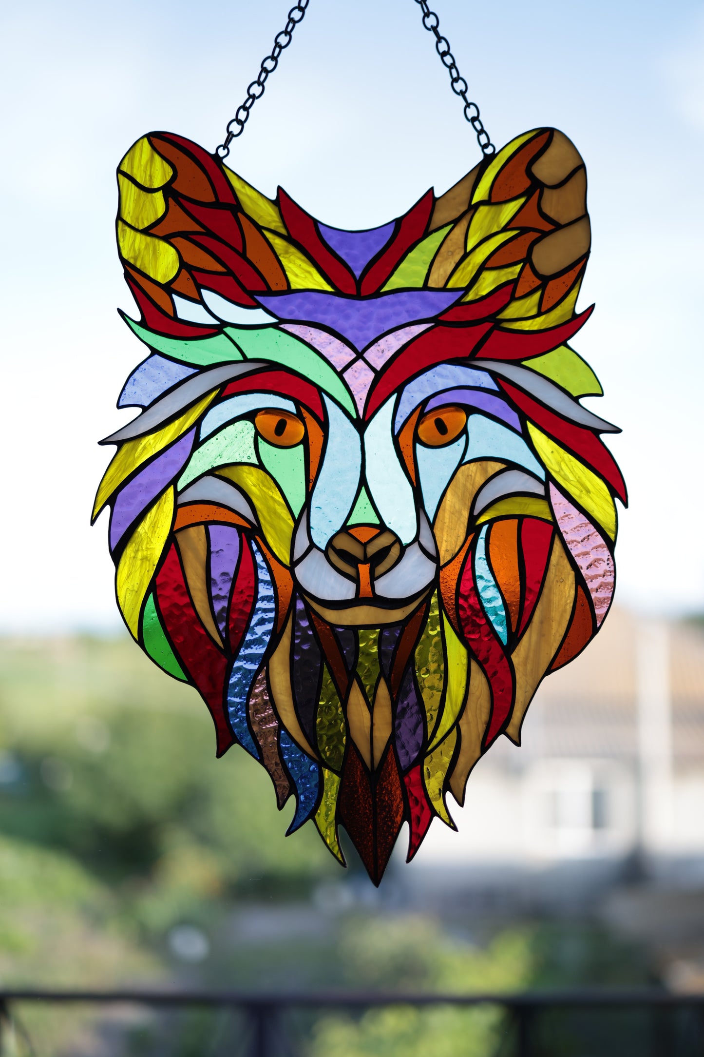 Stained Glass Wolf Suncatcher – Handmade Colorful Wolf Window Hanging