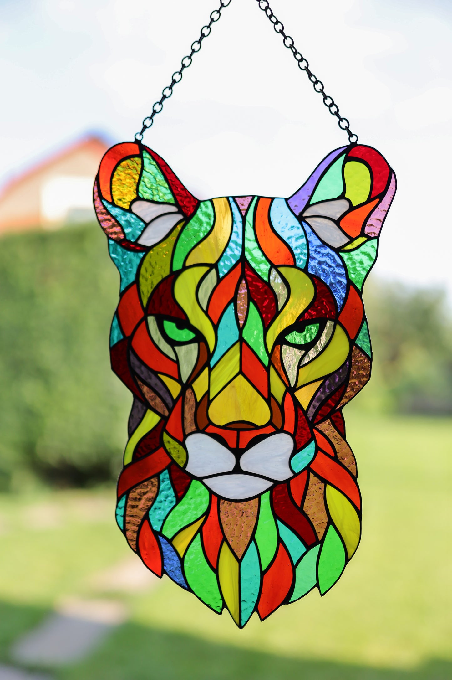 Handmade Stained Glass Puma Suncatcher | Colorful Big Cat Window Decor